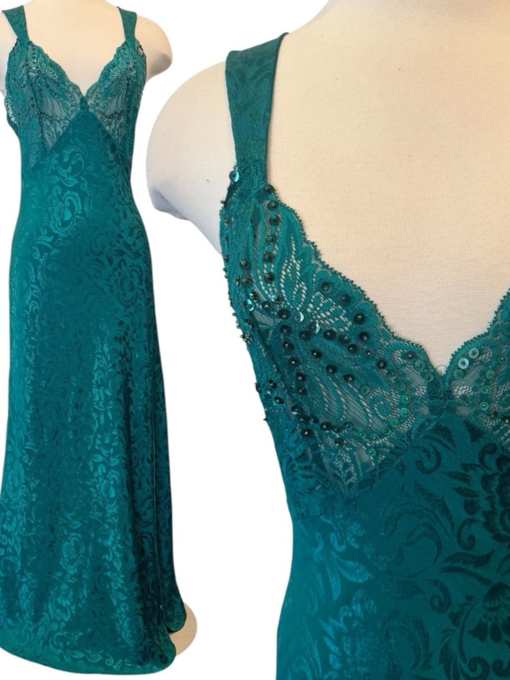 Vintage 90s Victoria's Secret Emerald Jacquard Lace Sequin Maxi Slip Dress S